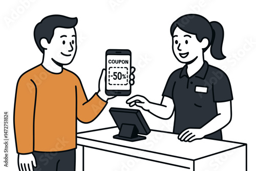 Vector line art illustration of customer showing digital coupon on smartphone to cashier at store checkout. Man gets 50% discount using mobile app for savings and loyalty reward.