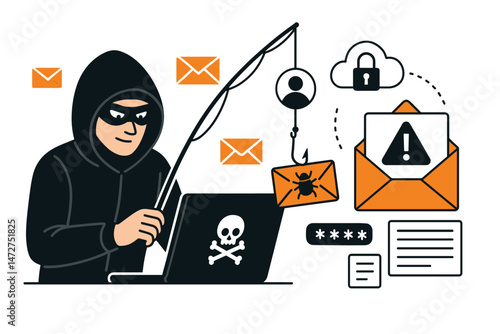 Cybersecurity concept vector showing masked hacker executing phishing email scam, using laptop and fishing hook to steal user data, passwords, and spread malware via internet attack.