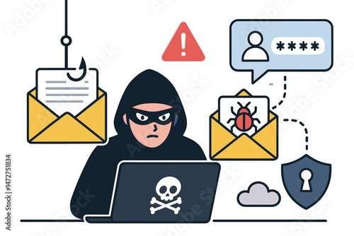 Phishing scam vector concept showing a masked hacker initiating a cyber attack through malicious email, symbolizing data theft, password compromise, malware, and cybersecurity risks.