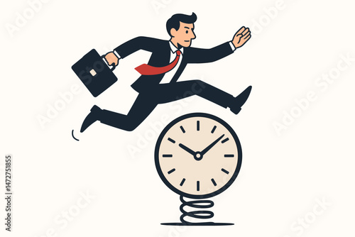 Businessman Leaping Forward from Springboard Clock - Time Management, Efficiency, Progress, and Business Agility Concept Vector Illustration Aiming for Success and Growth