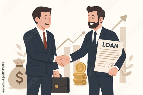Vector illustration of two businessmen shaking hands, celebrating a successful loan negotiation and financial agreement with money bags, coins, and growth chart background.