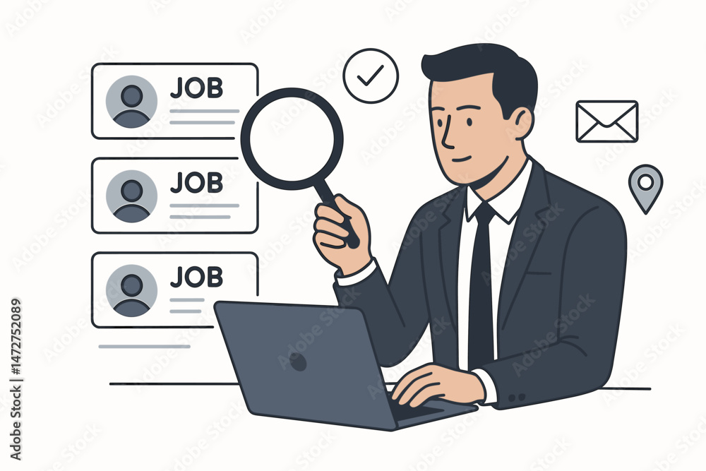 Job search concept vector illustration showing businessman with laptop browsing online vacancies, holding magnifying glass for recruitment, employment, hiring process and career growth. Job search concept vector illustration showing businessman with laptop browsing online vacancies, holding magnifying glass for recruitment, employment, hiring process and career growth.