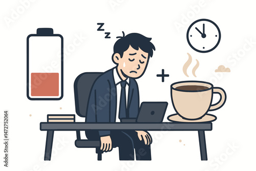 Overworked businessman suffering from burnout, low energy represented by battery icon, needing essential coffee break to recharge. Vector illustration of workplace fatigue and caffeine.