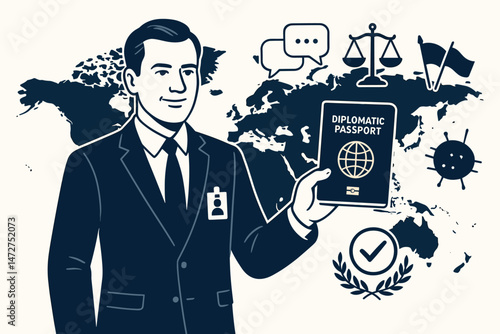 Professional diplomat holding official passport vector illustration concept. World map background with icons symbolizing global communication, international law, travel immunity, and diplomacy.