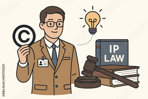 Professional Intellectual Property Law consultation concept vector graphic. Friendly lawyer character holding copyright symbol, with IP law book, gavel, and idea lightbulb illustration.