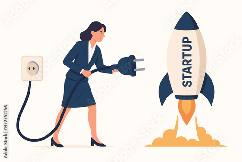 Startup power boost concept: businesswoman connects electric plug to launching rocket ship, representing business growth acceleration and innovation energy vector illustration.