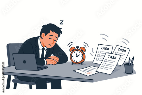 Overworked businessman slumped asleep at his office desk, ignoring a ringing alarm clock amid task lists and laptop. Flat vector illustration showing work fatigue, burnout, and stress.