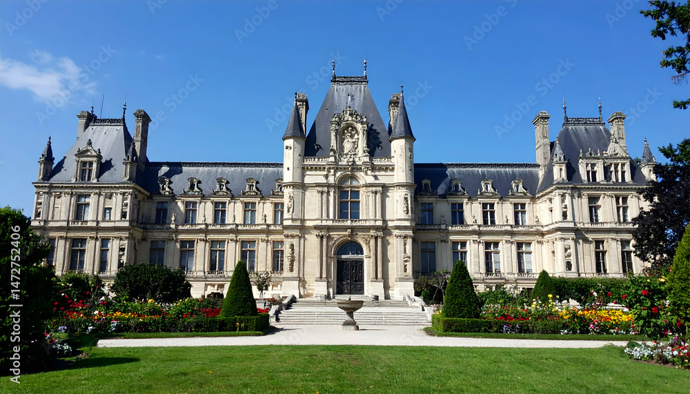 Fototapeta premium Grand historic mansion with ornate architecture and lush gardens under a clear blue sky