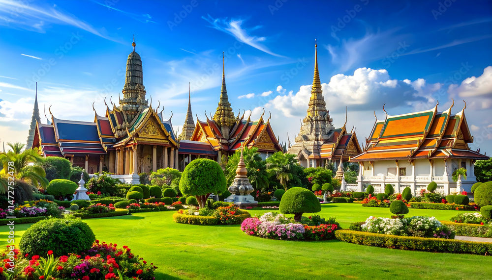 Obraz premium Majestic Thai temple complex surrounded by lush gardens and vibrant flowers under a clear blue sky