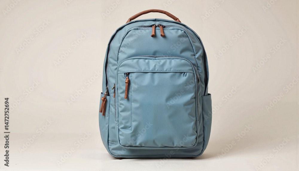 Naklejka premium A roomy backpack in blue with brown inserts on a plain background.