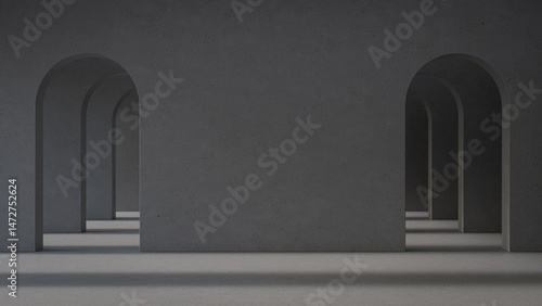 Abstract interior space background. 3d rendering of empty room with concrete arch wall.