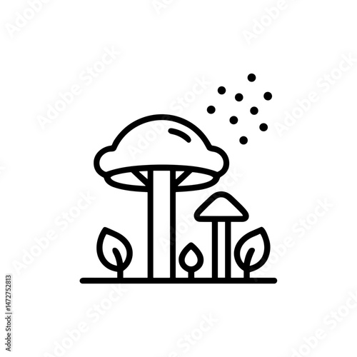 Mushroom releasing spores into the air against a nature background  