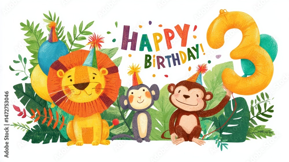 Naklejka premium Jungle Animal Birthday Party with Lion and Monkeys Celebrating a Child’s Third Birthday