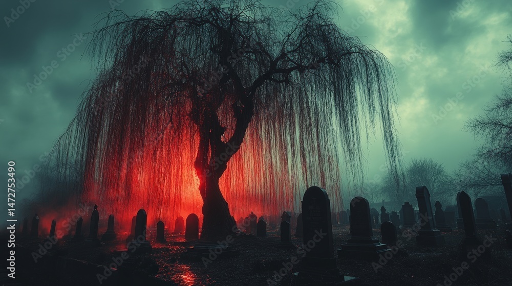 Fototapeta premium Red-lit weeping willow over a misty graveyard scene.