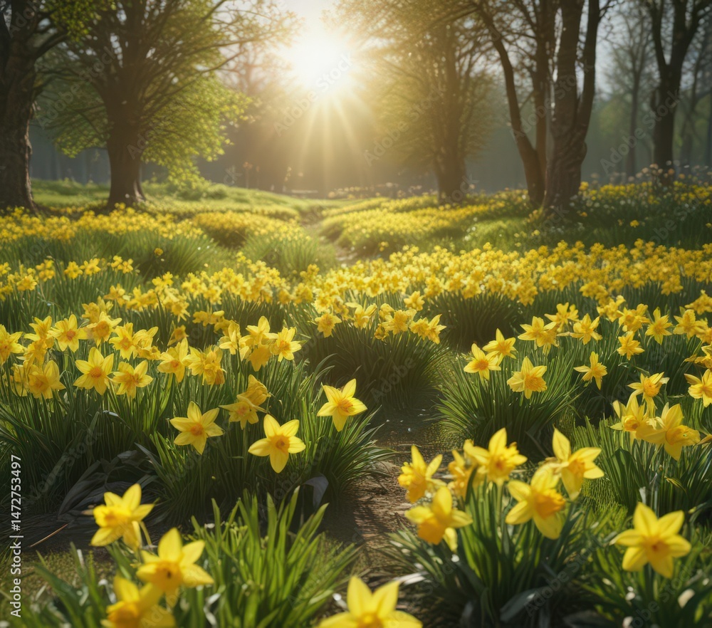 Obraz premium Sunlit daffodils burst forth in vibrant yellow against a lush green meadow , bright, nature