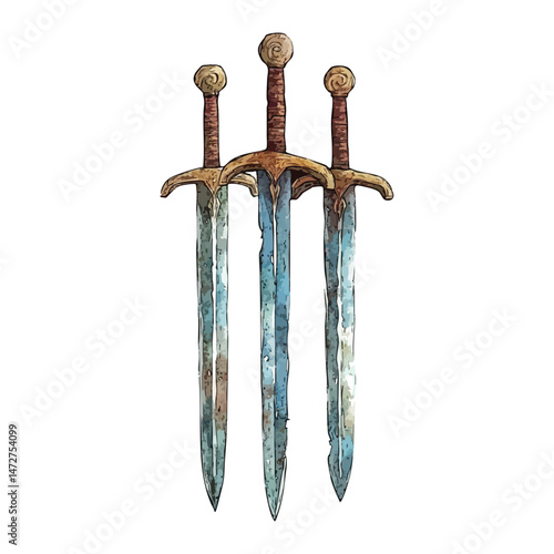 Three swords are shown on a white background.