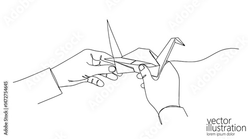 Line art depicts hands holding origami crane. Simple hand gestures paper bird. Art crafting mindfulness. Minimalist drawing clear white background vector style