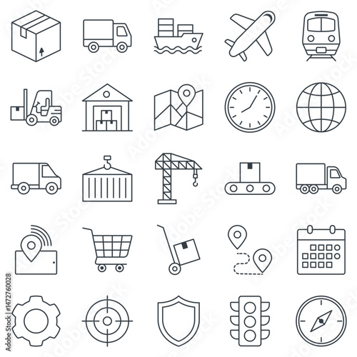 Logistics icons set, Included icons as Truck, Airplane, Hand Truck, Traffic Light and more symbols collection, logo isolated vector illustration