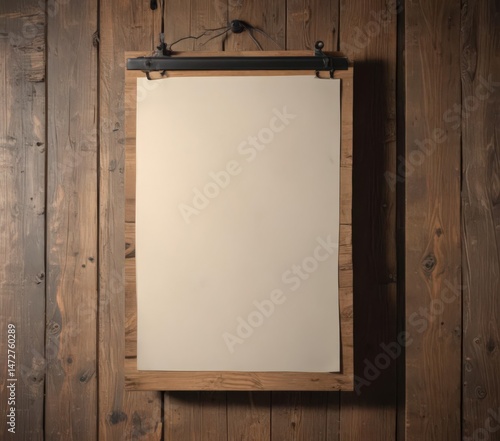 Empty poster hanging on rustic wood, metal clip detail,  card,  wall,  brochure