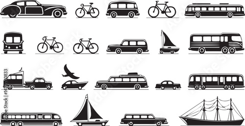 black and white vector set of transportation silhouettes including cars, buses, bicycles, boats, and ships.