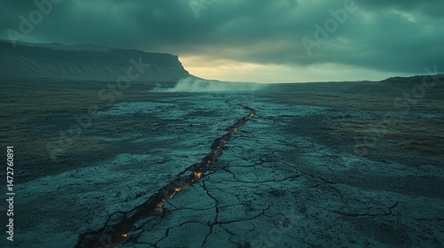 Volcanic fissure cuts through a desolate landscape under a brooding sky.  Molten rock flows along a cracked earth path, with steam rising from the ground
