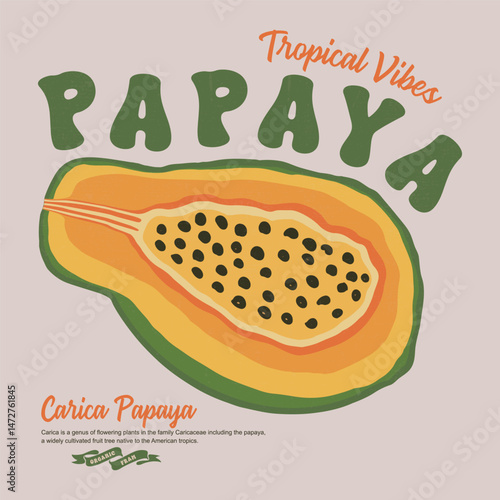 Carica papaya fruit print. Nature fruit club print design. Watercolor fruit t shirt design. Sweet Papaya artwork. Summer tropical vibes art.