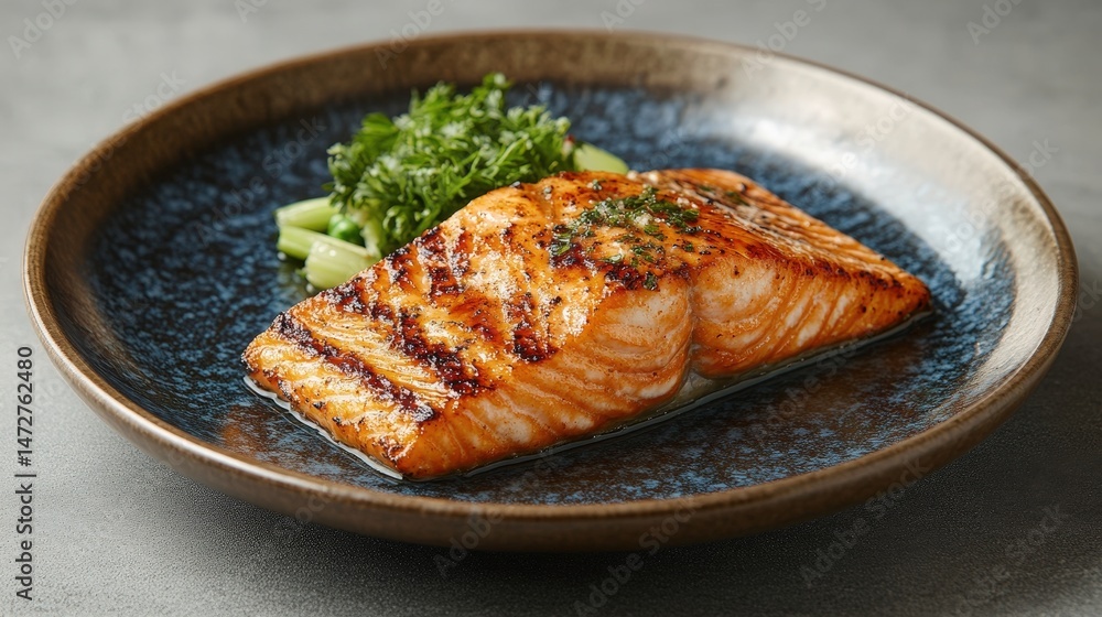 Delicious grilled salmon fillet with side greens. Delicious grilled salmon fillet with side greens.