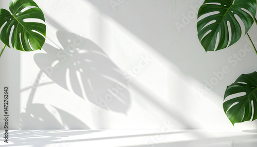 Blank white wall with soft monstera leaf shadows