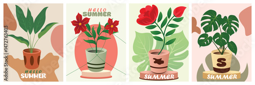 Boho painting spring to summer bright and juicy greeting cards set. Abstract and minimalist shape line pot art poster, covers, banner, ads ,branding, labels, template wall decor