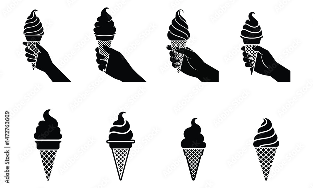 Ice Cream Cone Silhouette Icons Set Hand Holding Soft Serve Vector Illustrations Ice Cream Cone Silhouette Icons Set Hand Holding Soft Serve Vector Illustrations