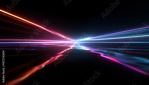Colorful light trails representing data transmission or speed through cyberspace, abstract background for digital concepts and website design