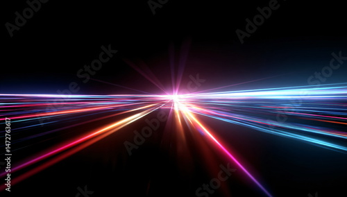 Colorful light trails representing data transmission or speed through cyberspace, abstract background for digital concepts and website design