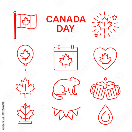 Canada Day icons in vivid red for festive celebration  
