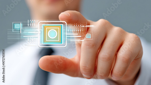 Person interacts with a futuristic digital interface,  pointing at a glowing square icon