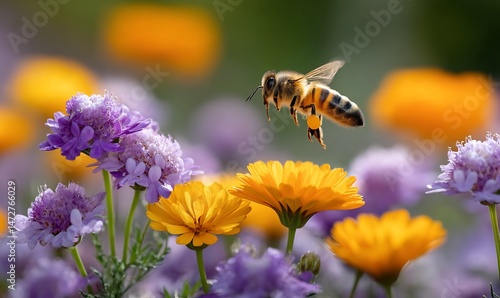 Pollenladen honeybee amidst vibrant blooms