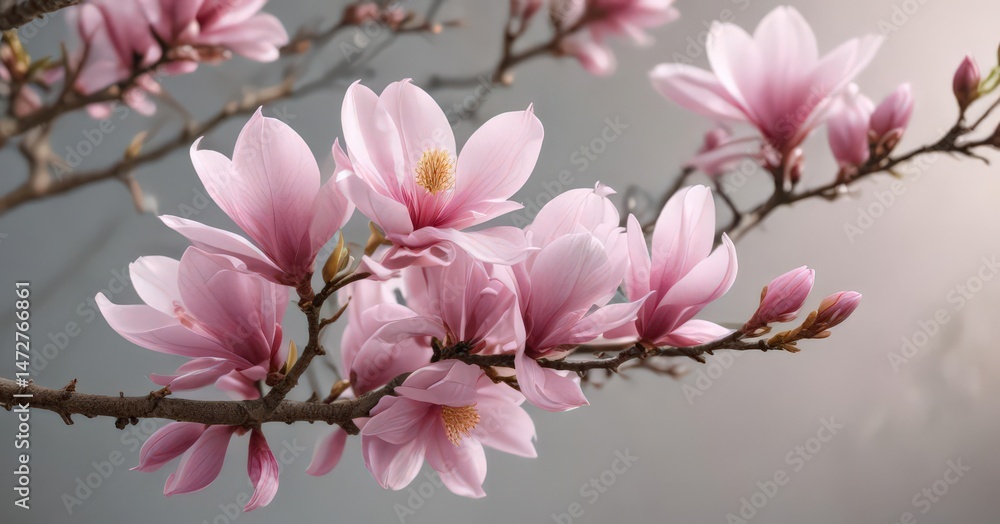 Obraz premium Delicate pink magnolia blossoms on a branch, spring bloom , tree branch, image