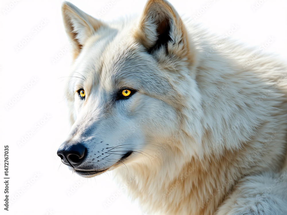 Obraz premium Majestic white wolf portrait with intense eyes, set against a snowy background.