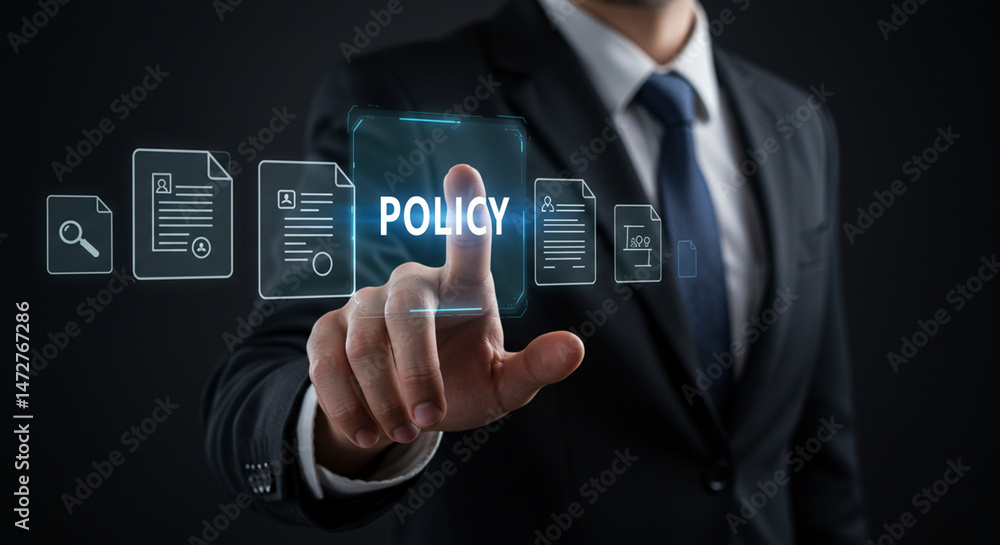 A person in a suit pointing at a digital display with the word policy and document icons shown around A person in a suit pointing at a digital display with the word policy and document icons shown around