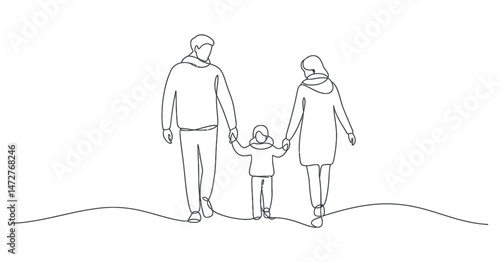 Continuous Line Drawing of a Happy Family Walking Together Holding Hands
