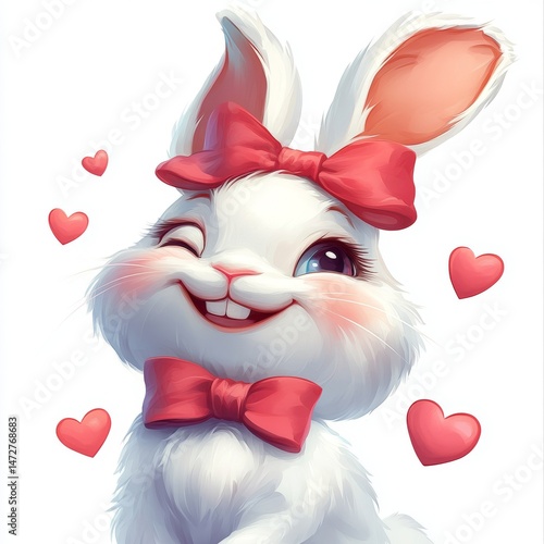 A bunny wearing a pink bow is encircled by pink hearts, and its large eyes along with its playful expression contribute to its cheerful and friendly look