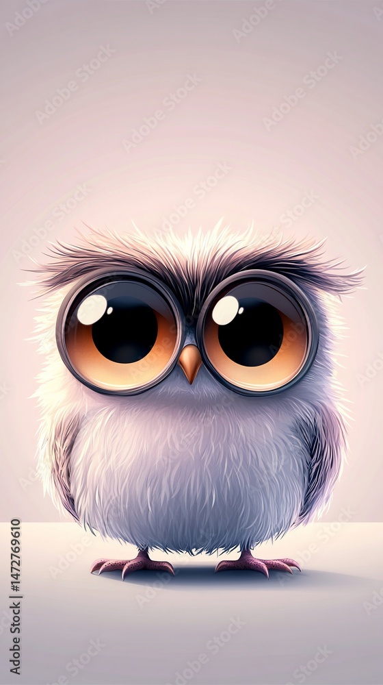 Fototapeta premium Cartoon owl with big eyes, soft feather texture, and pastel background