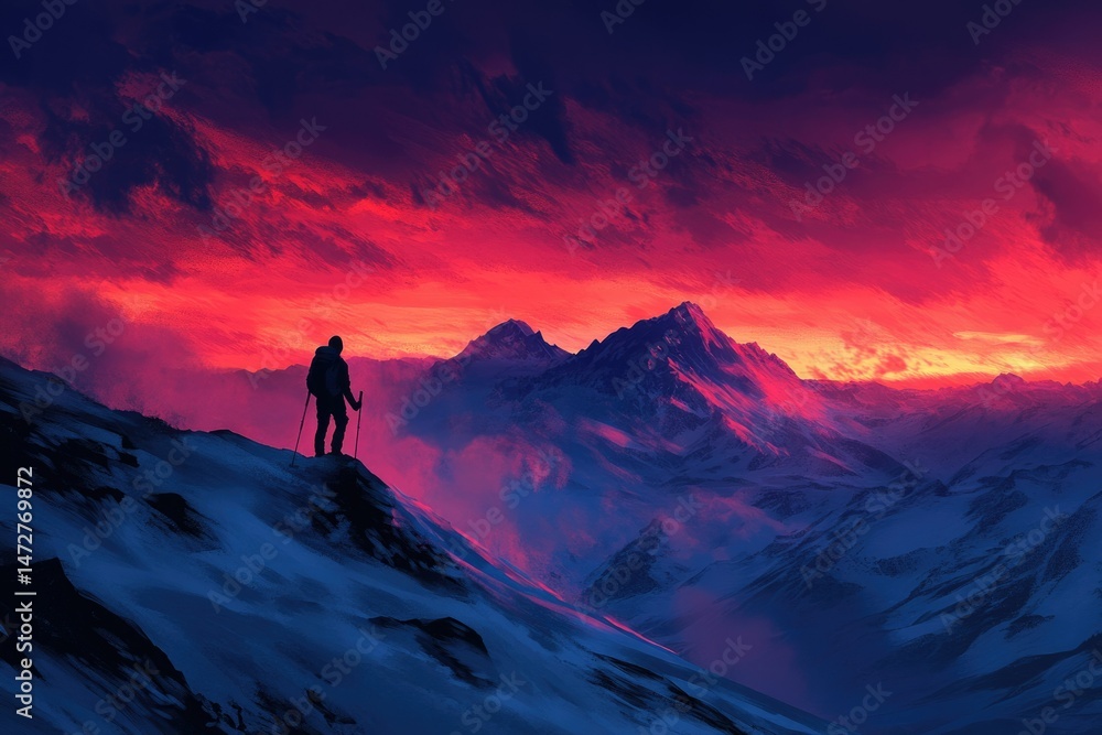 Fototapeta premium A lone hiker silhouetted against a vibrant red sunset in a snow-capped mountain range.