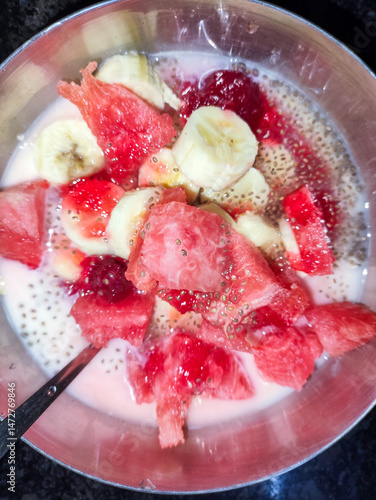 selective focus picture of fruit sago with chia seeds and tapioca pearls