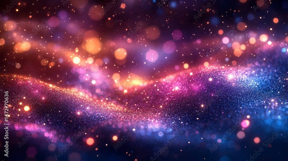 Fototapeta premium Shimmering cosmic flow of blurred bokeh and glittery particles in vibrant, dreamy hues