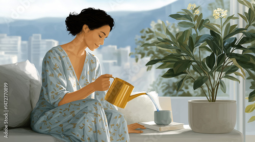 Person watering a houseplant in a cozy afternoon living room