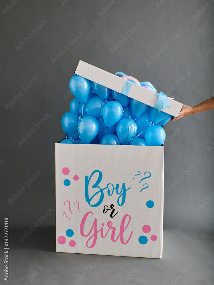 Φωτογραφία Large white gender reveal box with Boy or Girl text and pink and blue decor
