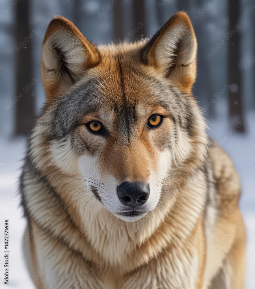 Fototapeta premium Eurasian wolf, winter snow, sharp focus, intense gaze, snow covered, fur, winter