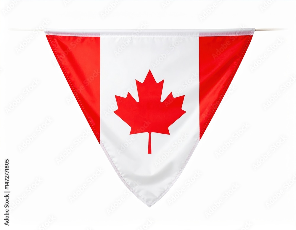 Obraz premium Canadian flag pennant with maple leaf design hanging isolated on white background