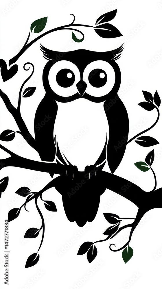 Obraz premium On a tree branch that swirls, an owl sits perched, its intricate design complemented by the vibrant green leaves that surround it