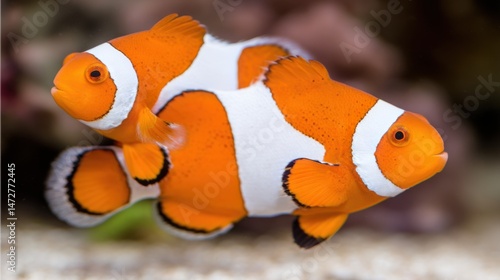 Vibrant clownfish swimming gracefully, colorful marine life in a bright coral habitat, engaging underwater scene for aquarists. photo